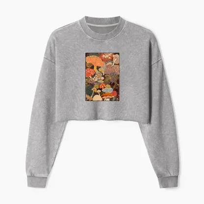 Tokyo-Tiger Psychedelic Mushroom Paintings Washed Crop Sweatshirt