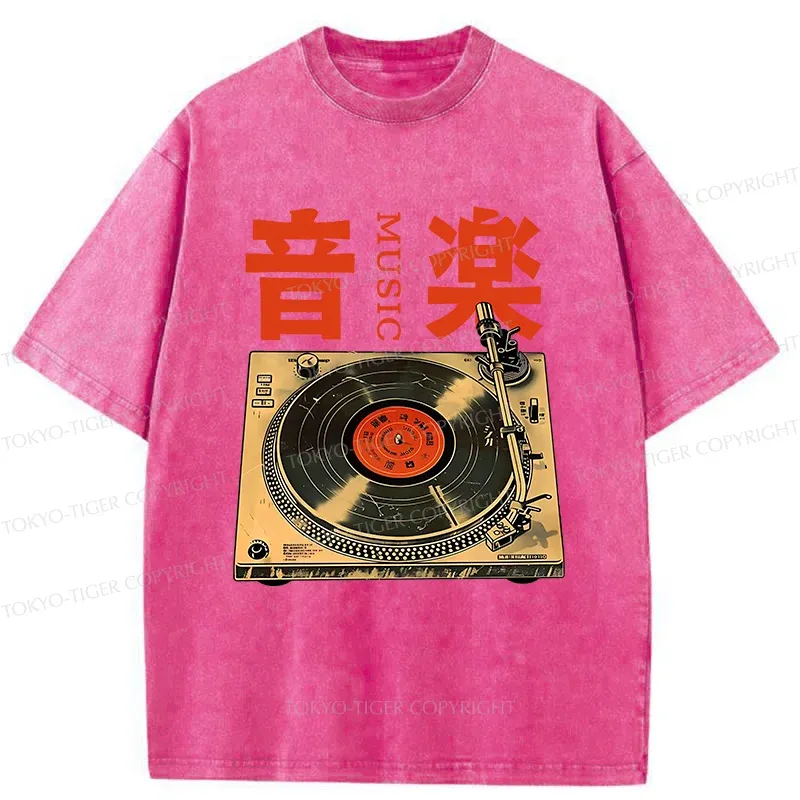 Tokyo-Tiger Retro Music Record Player Washed T-Shirt