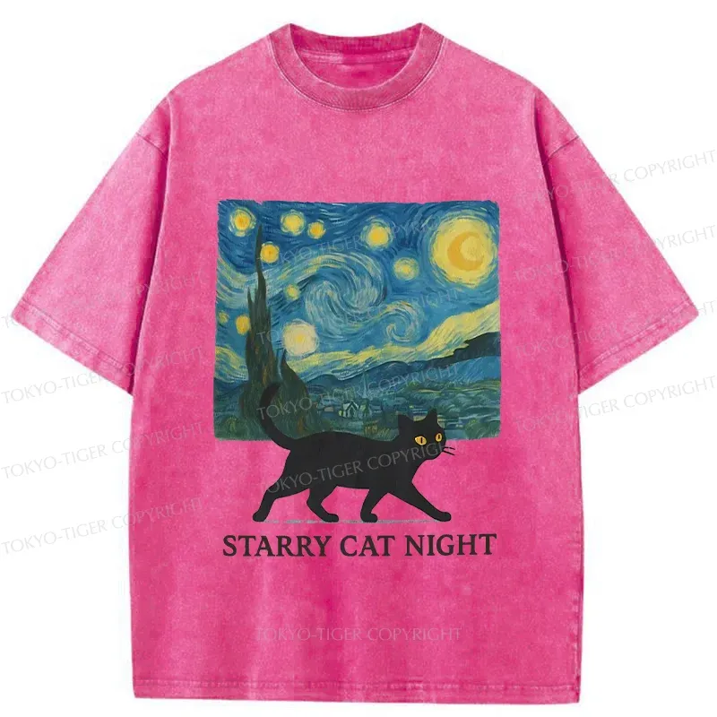Tokyo-Tiger Cat Walking Under The Stars Washed T-Shirt