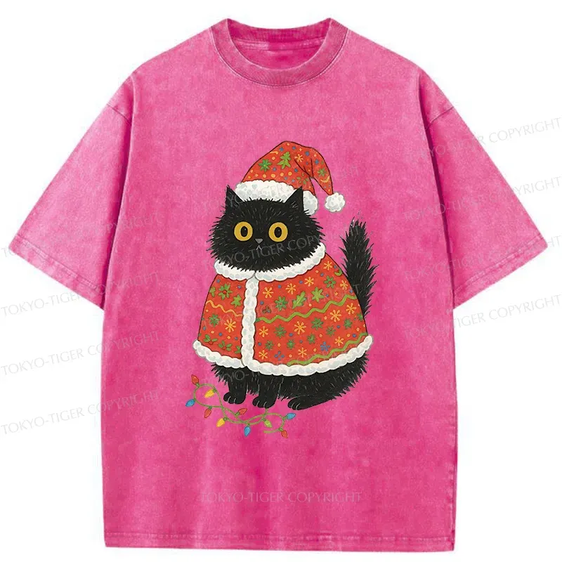 Tokyo-Tiger Cat Wearing Santa Hat Washed T-Shirt