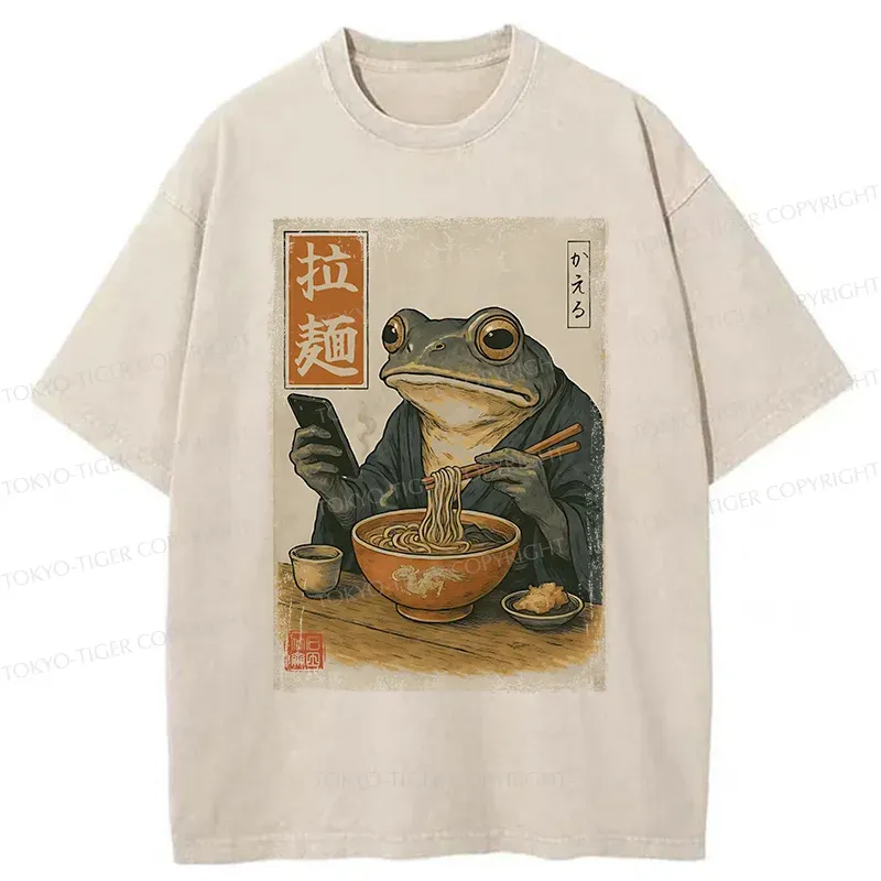 Tokyo-Tiger Funny Frog Eating Ramen Washed T-Shirt