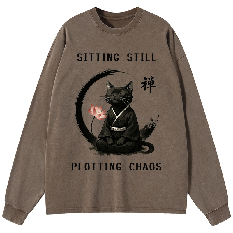 Tokyo-Tiger Sitting still  plotting chaos Calming Zen Cat Funny Washed Long Sleeve T-Shirt