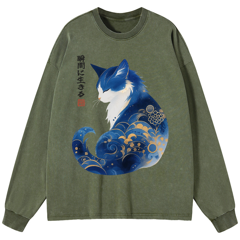 Tokyo-Tiger Retro Zen Cat: Living the Present Washed Long Sleeve T-Shirt