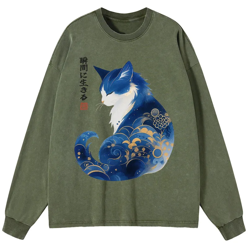 Tokyo-Tiger Retro Zen Cat: Living the Present Washed Long Sleeve T-Shirt