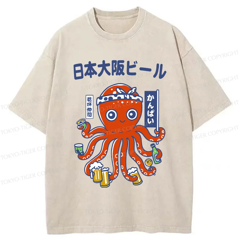 Tokyo-Tiger Octopus Chef Drinking Beer Washed T-Shirt