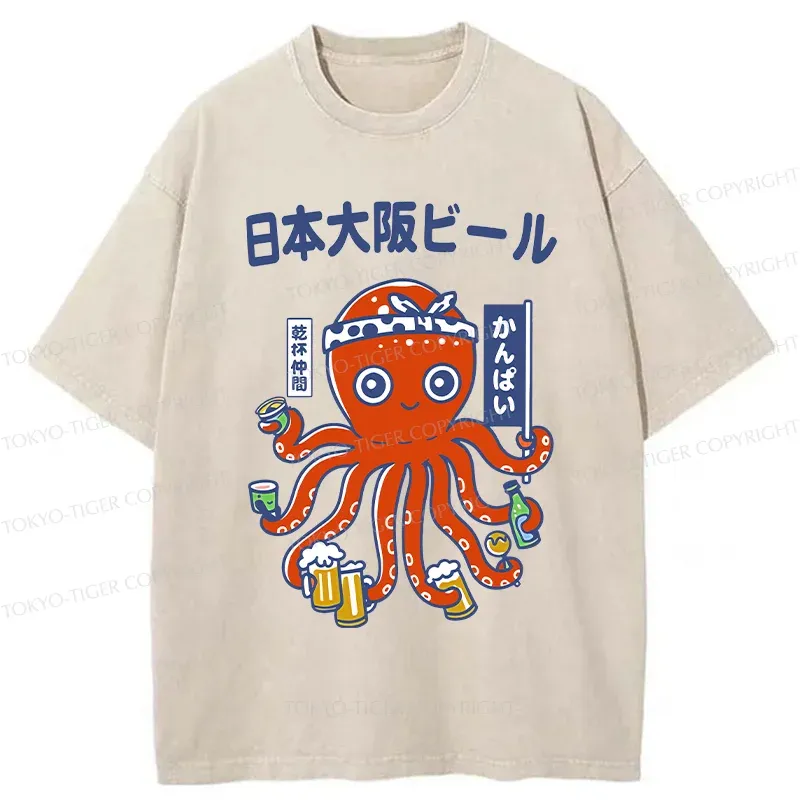 Tokyo-Tiger Octopus Chef Drinking Beer Washed T-Shirt
