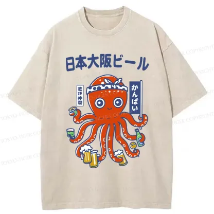 Tokyo-Tiger Octopus Chef Drinking Beer Washed T-Shirt