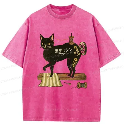 Tokyo-Tiger Sewing Machine Cat Washed T-Shirt