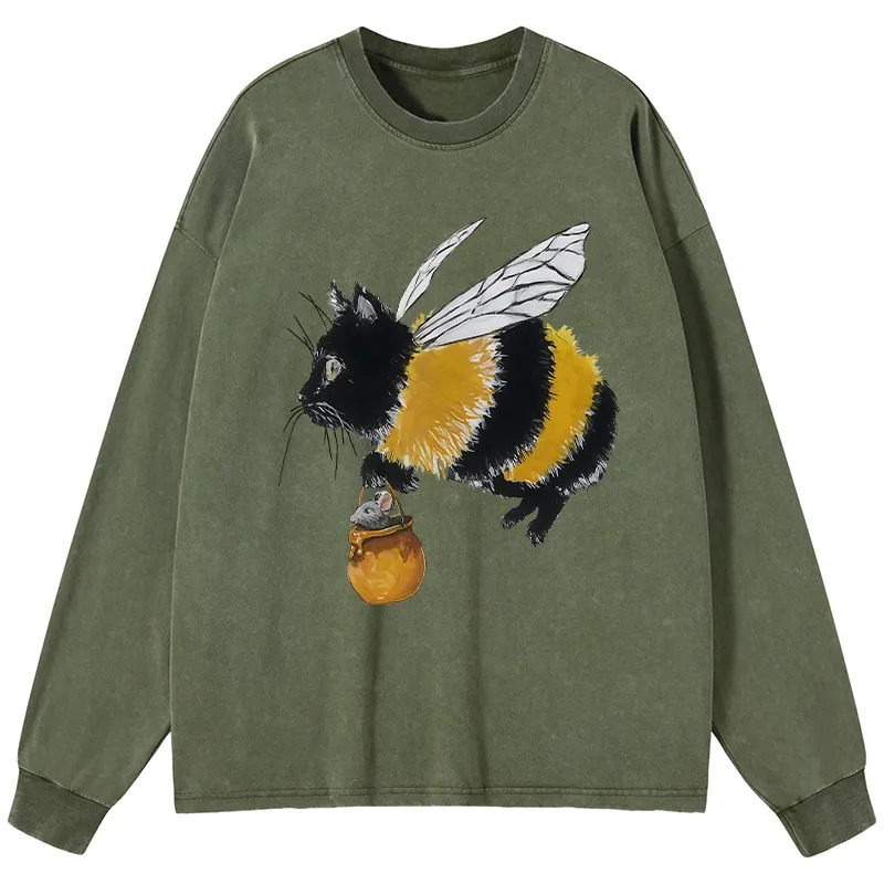 Tokyo-Tiger Catbee Funny Washed Long Sleeve T-Shirt