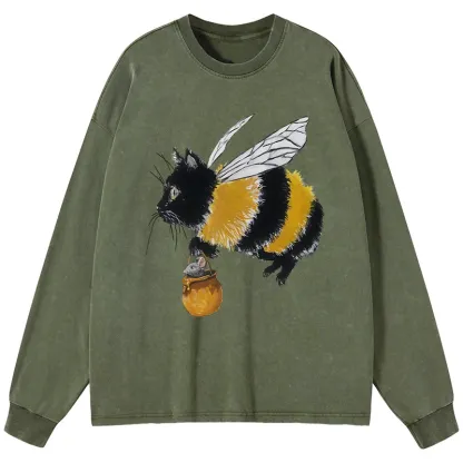 Tokyo-Tiger Catbee Funny Washed Long Sleeve T-Shirt