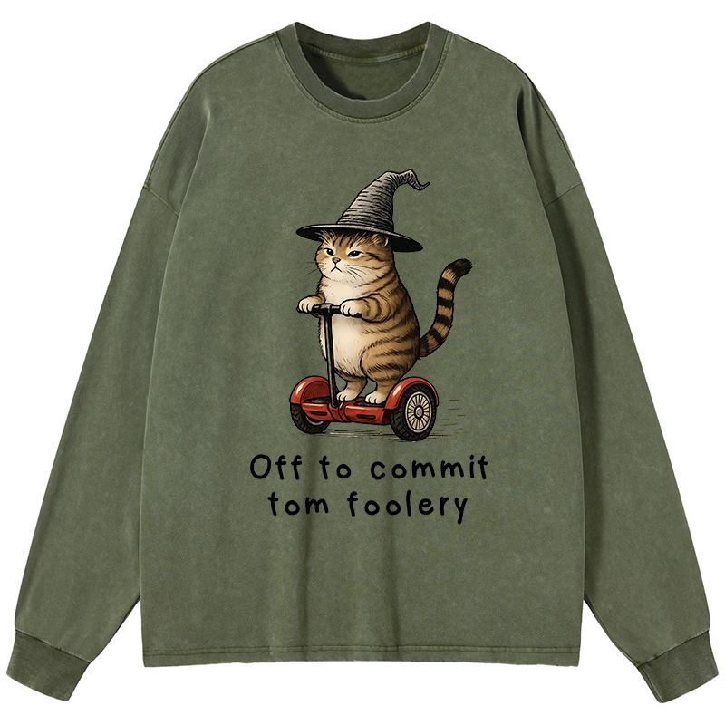 Tokyo-Tiger Orange Cat Riding Segway-style Washed Long Sleeve T-Shirt