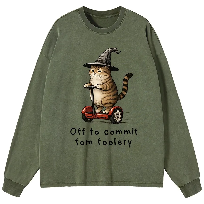 Tokyo-Tiger Orange Cat Riding Segway-style Washed Long Sleeve T-Shirt