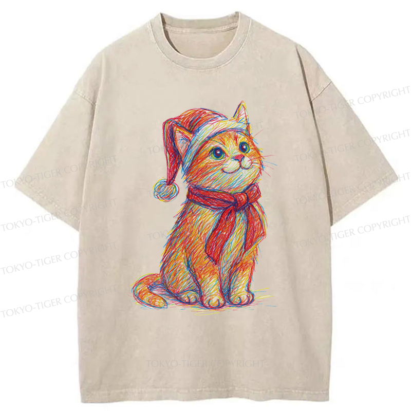 Tokyo-Tiger Lovely Christmas Cat Washed T-Shirt