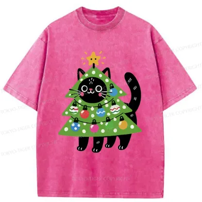 Tokyo-Tiger Christmas Tree Cat Washed T-Shirt