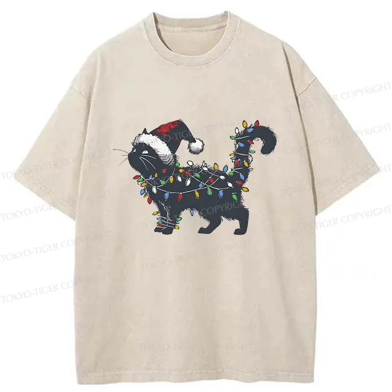 Tokyo-Tiger Cat Entangled In Christmas Lights Washed T-Shirt