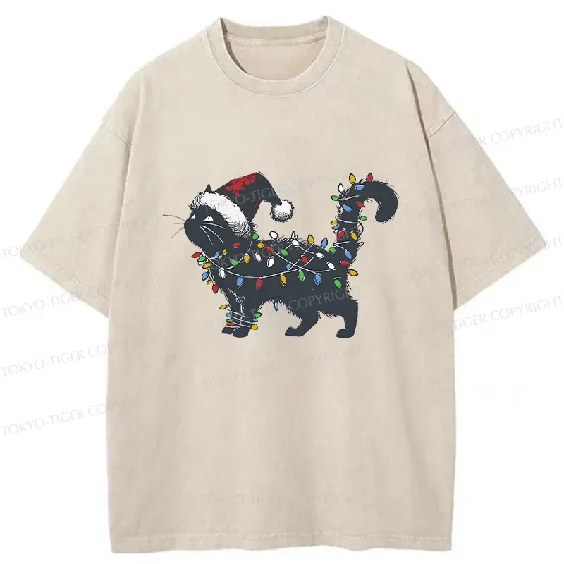Tokyo-Tiger Cat Entangled In Christmas Lights Washed T-Shirt