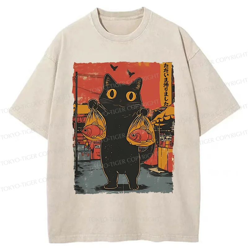 Tokyo-Tiger Cat Fishing Washed T-Shirt