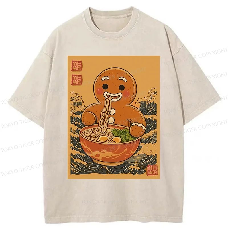 Tokyo-Tiger Gingerbread Man Eating Ramen Washed T-Shirt