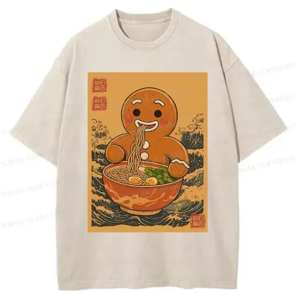 Tokyo-Tiger Gingerbread Man Eating Ramen Washed T-Shirt