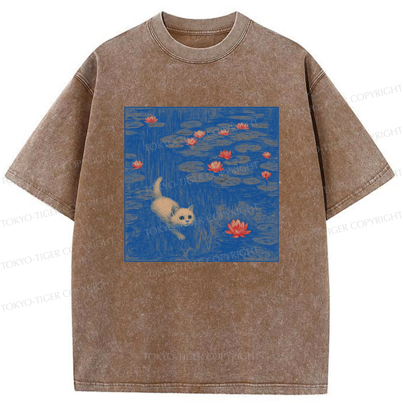 Tokyo-Tiger The Kitten Sneaking Into The Water Lilies Washed T-Shirt