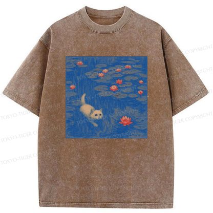 Tokyo-Tiger The Kitten Sneaking Into The Water Lilies Washed T-Shirt