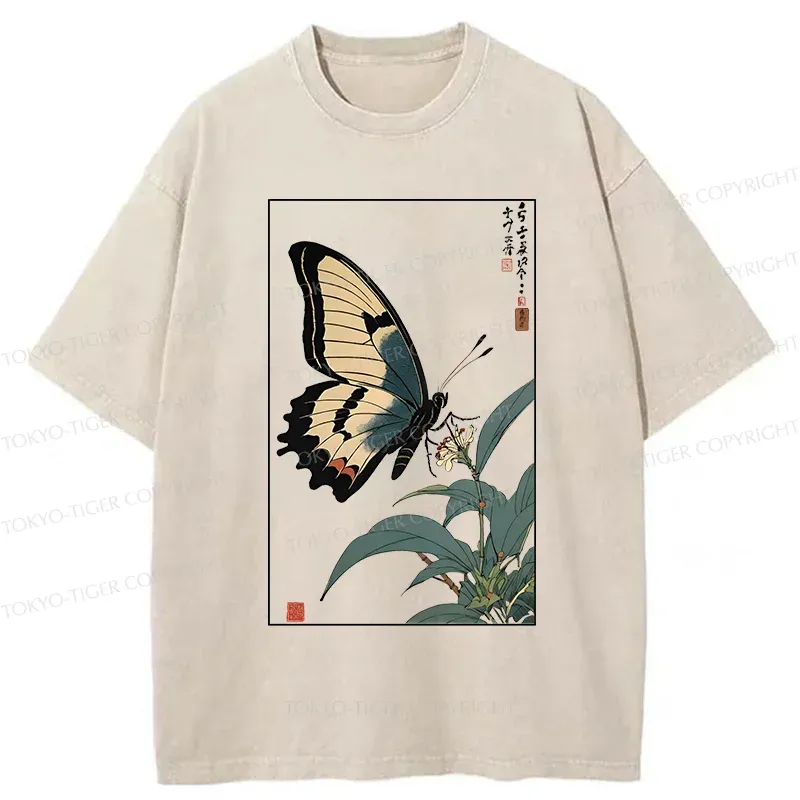 Tokyo-Tiger Ukiyo-e Butterfly Washed T-Shirt