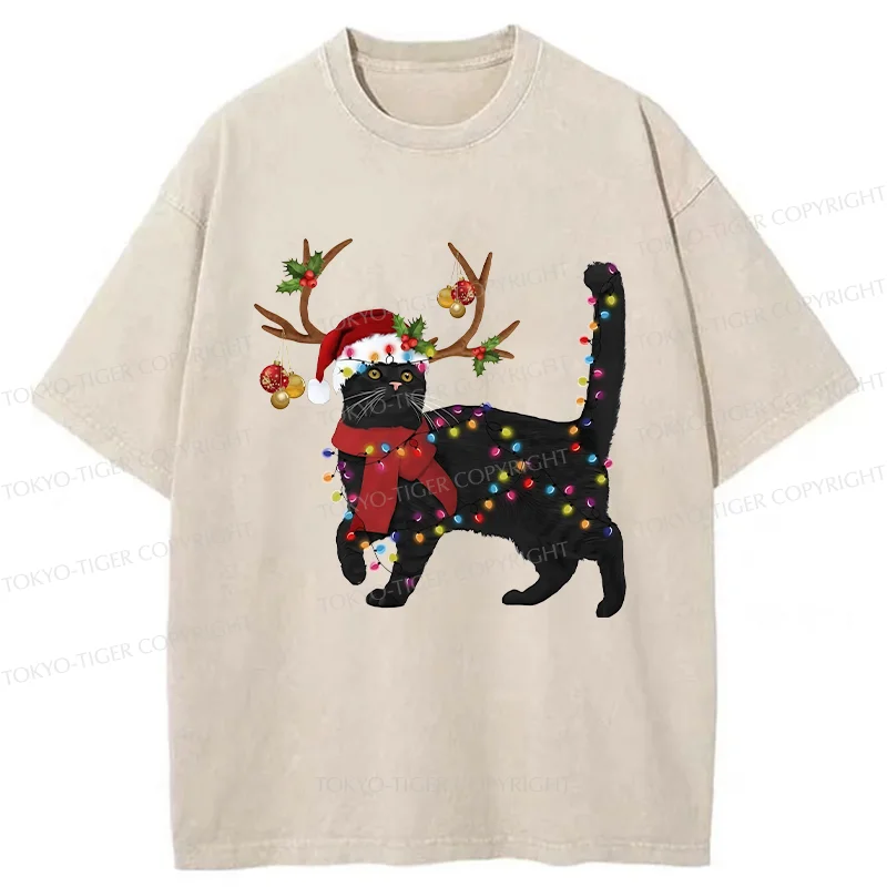Tokyo-Tiger Christmas Black Cat Washed T-Shirt