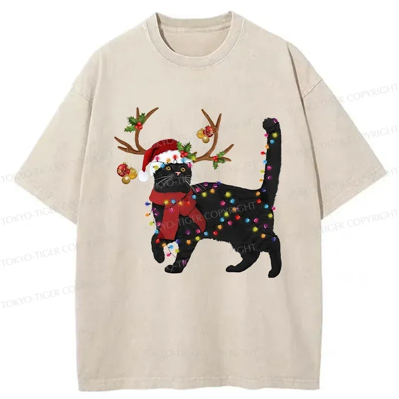 Tokyo-Tiger Christmas Black Cat Washed T-Shirt