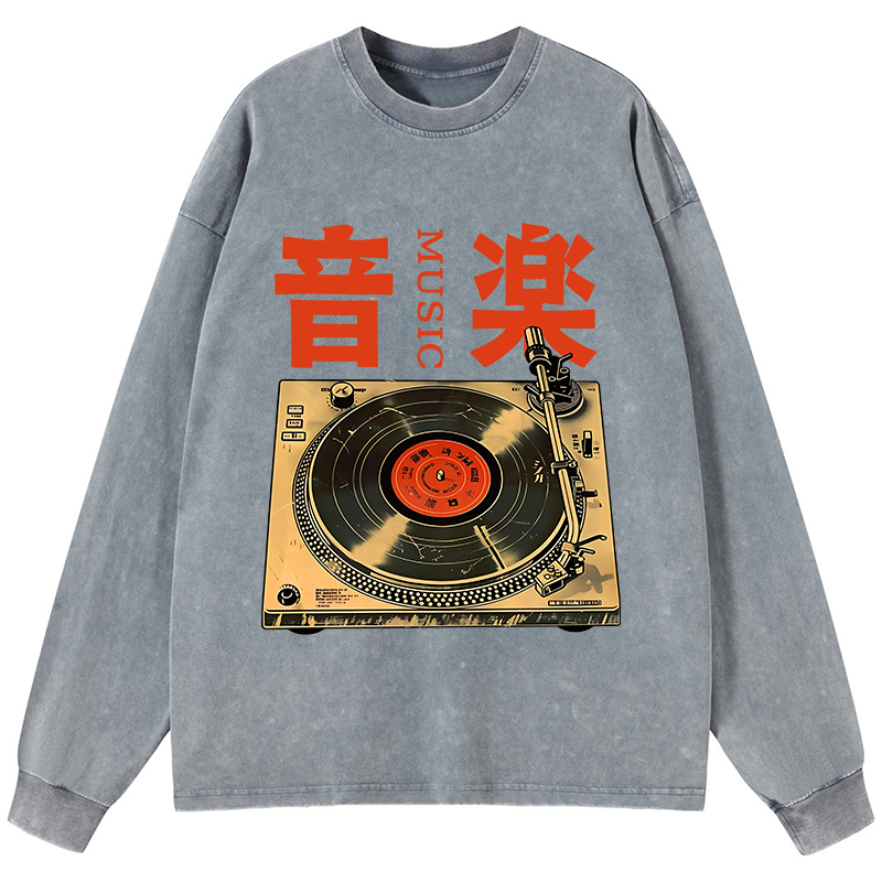 Tokyo-Tiger Retro Music Record Player Washed Long Sleeve T-Shirt