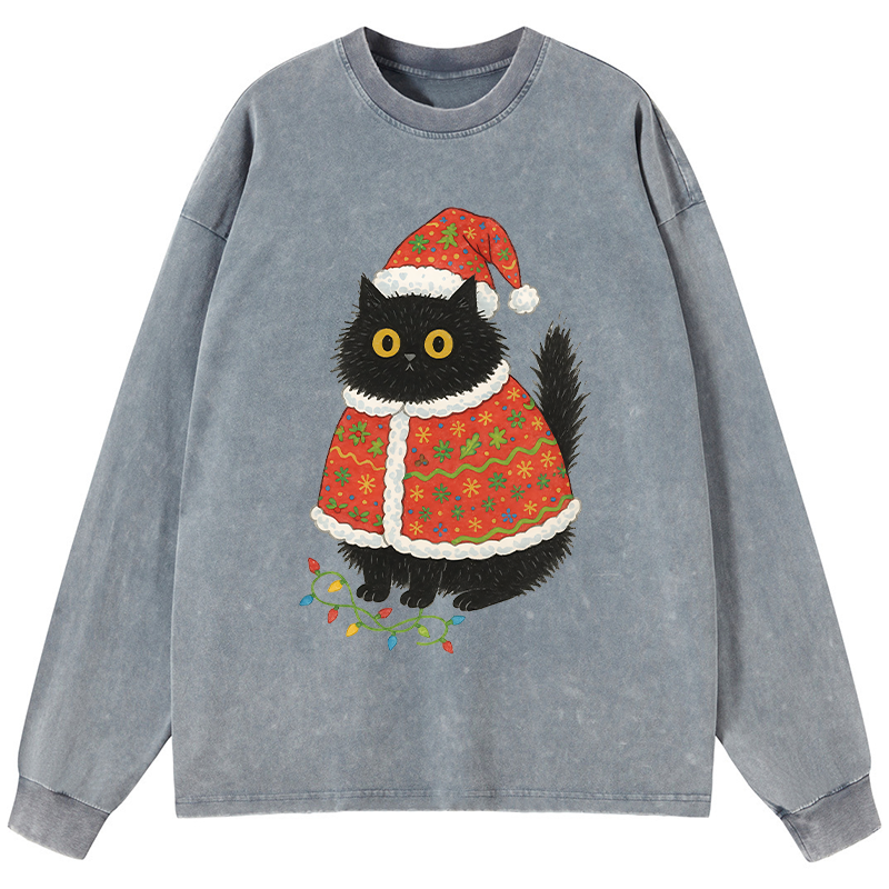 Tokyo-Tiger Cat Wearing Santa Hat Washed Long Sleeve T-Shirt