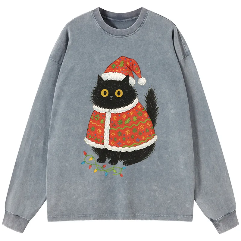 Tokyo-Tiger Cat Wearing Santa Hat Washed Long Sleeve T-Shirt