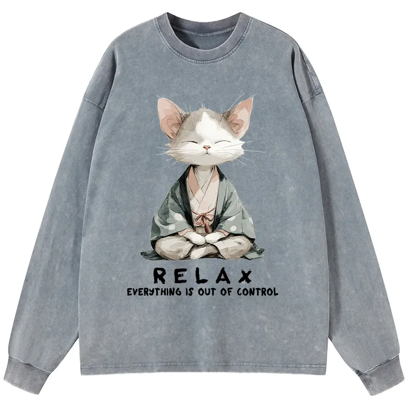 Tokyo-Tiger Zen Cat Relaxation，Everything's Out Of Control Washed Long Sleeve T-Shirt