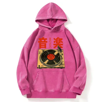 Tokyo-Tiger Retro Music Record Player Washed Hoodie