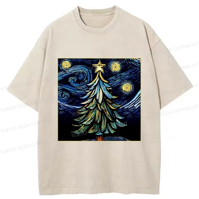 Tokyo-Tiger Christmas Tree Under The Starry Night Washed T-Shirt