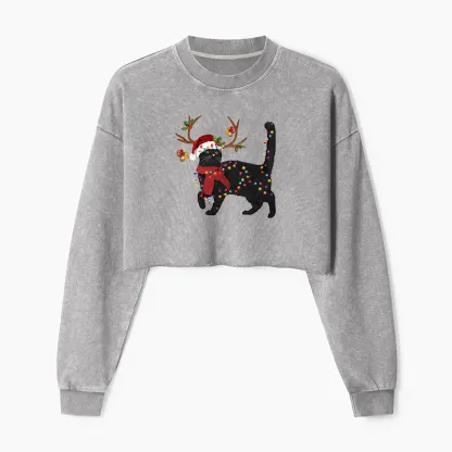 Tokyo-Tiger Christmas Black Cat Washed Crop Sweatshirt