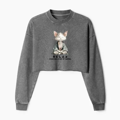 Tokyo-Tiger Zen Cat Relaxation，Everything's Out Of Control Washed Crop Sweatshirt