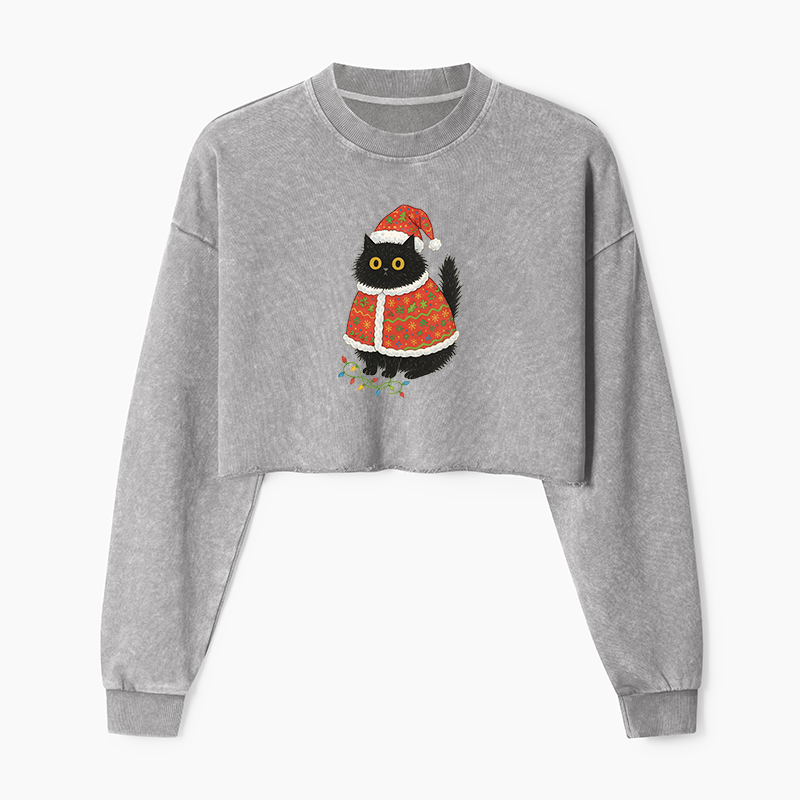Tokyo-Tiger Cat Wearing Santa Hat Washed Crop Sweatshirt