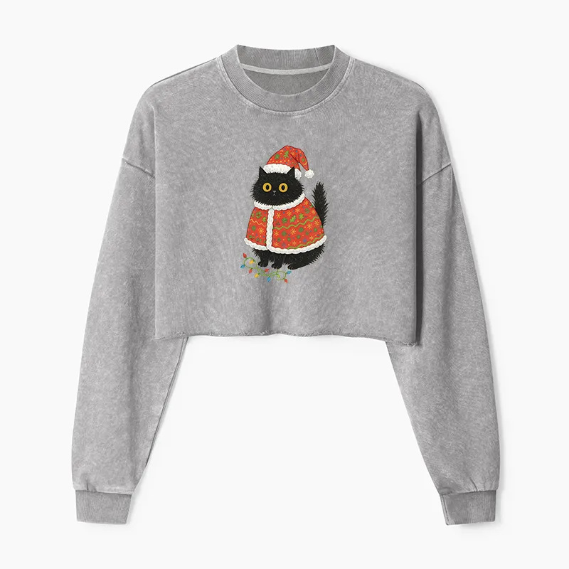 Tokyo-Tiger Cat Wearing Santa Hat Washed Crop Sweatshirt