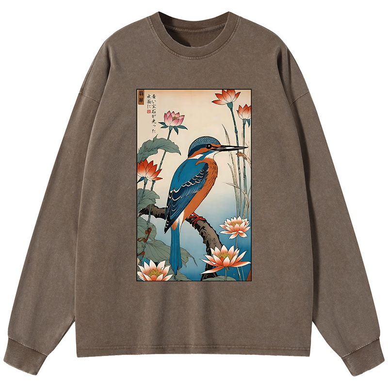 Tokyo-Tiger Ukiyo-e Kingfisher Washed Long Sleeve T-Shirt