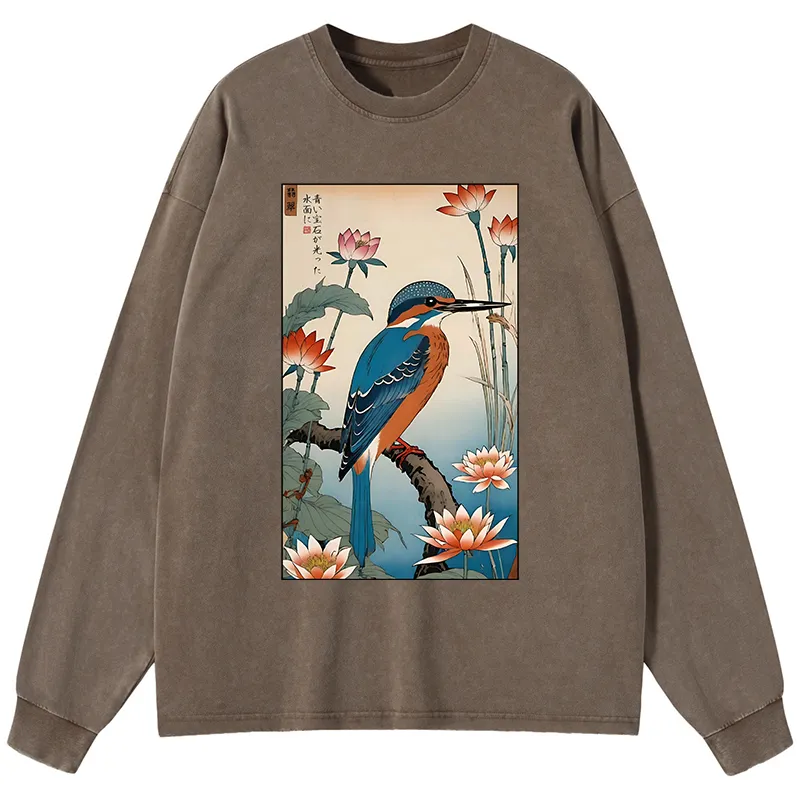 Tokyo-Tiger Ukiyo-e Kingfisher Washed Long Sleeve T-Shirt