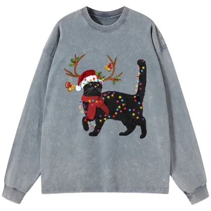Tokyo-Tiger Christmas Black Cat Washed Long Sleeve T-Shirt
