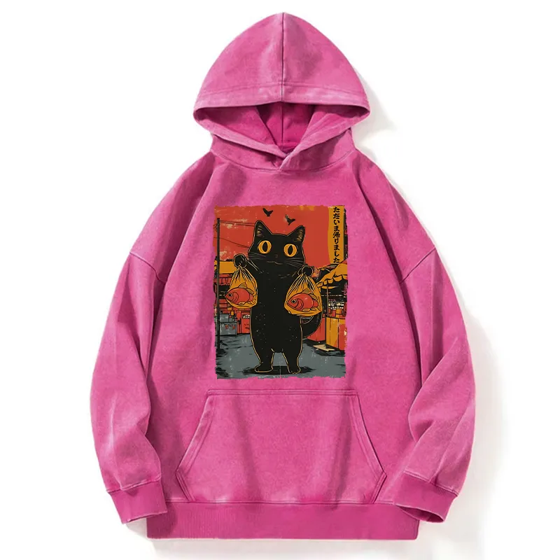 Tokyo-Tiger Cat Fishing Japanese Washed Hoodie