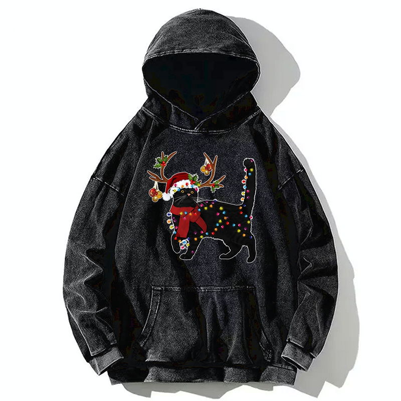 Tokyo-Tiger Christmas Black Cat Washed Hoodie