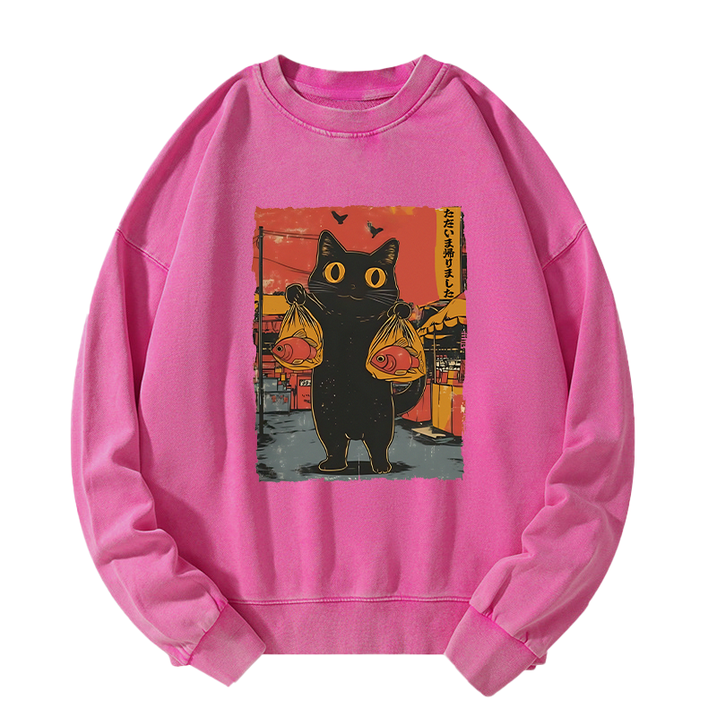 Tokyo-Tiger Cat Fishing Japanese Washed Sweatshirt