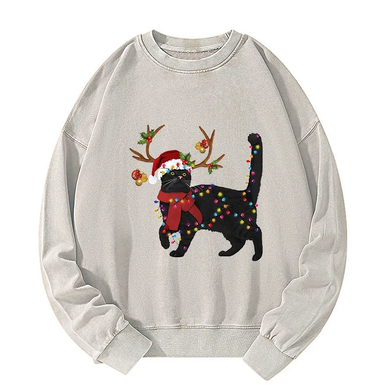 Tokyo-Tiger Christmas Black Cat Washed Sweatshirt
