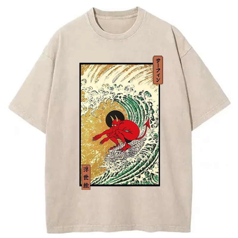 Tokyo-Tiger Surfing Demon Washed T-Shirt