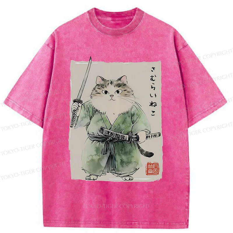 Tokyo-Tiger Fat Cat Samurai Washed T-Shirt