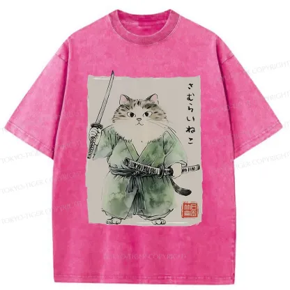 Tokyo-Tiger Fat Cat Samurai Washed T-Shirt