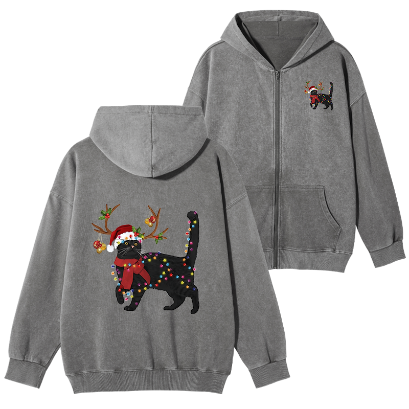 Tokyo-Tiger Christmas Black Cat Washed Zip Hoodie
