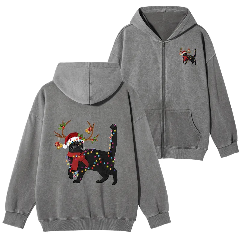 Tokyo-Tiger Christmas Black Cat Washed Zip Hoodie